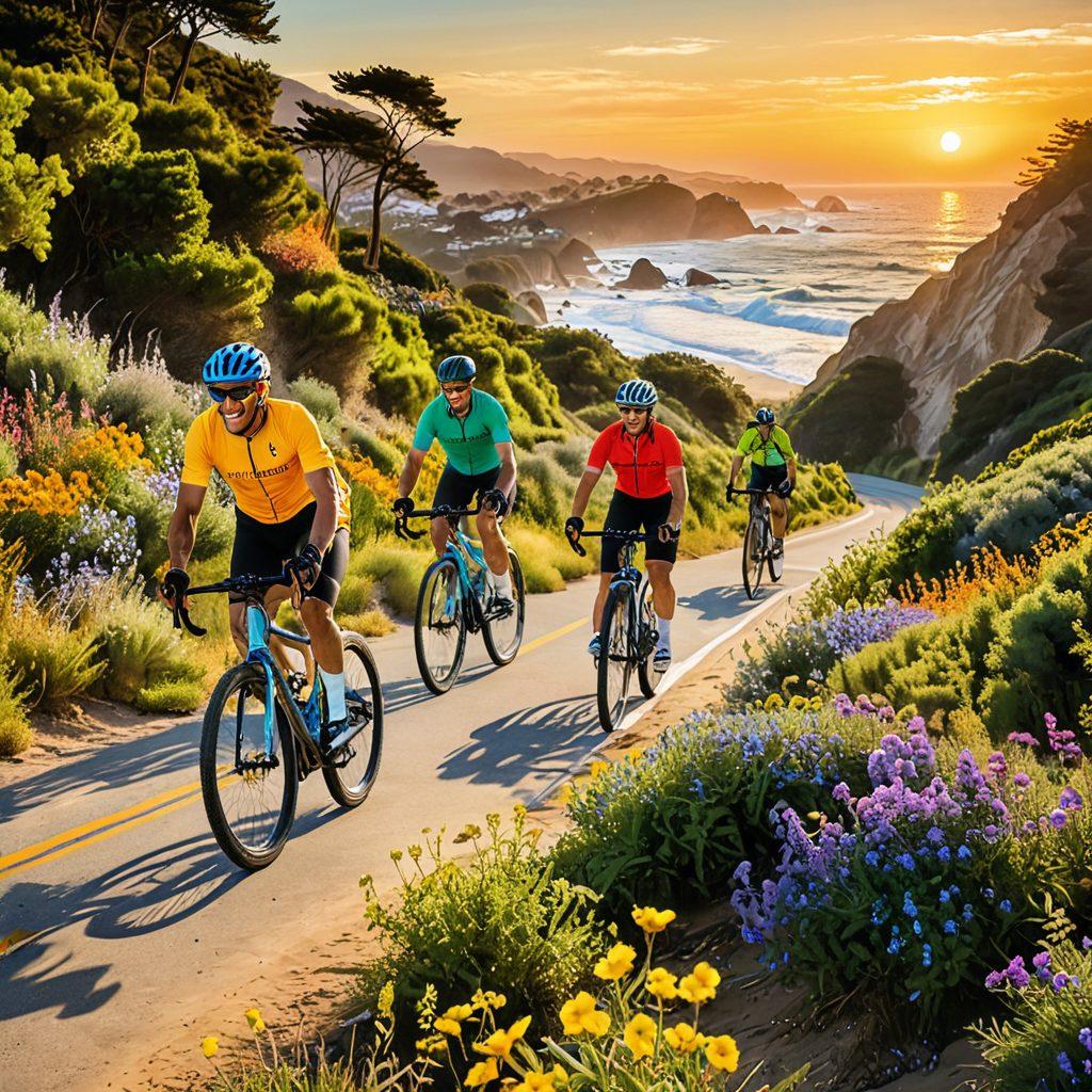 A vibrant scene showcasing a diverse group of cyclists navigating a stunning California biking trail, surrounded by lush landscapes and iconic golden beaches. Include detailed biking gear like helmets and colorful jerseys, and a backdrop of radiant sunset hues. Capture the sense of community with smiles and camaraderie among the riders. hyper-realistic. vibrant colors. atmospheric.