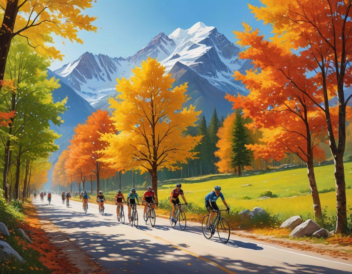 A dynamic scene of a diverse group of cyclists riding through a picturesque landscape, with mountains in the background and colorful banners of cycling events fluttering in the breeze. Include elements like excited spectators, lush green trees, and a sense of movement and adventure. Capture the essence of community, excitement, and nature. vibrant colors. super-realistic.